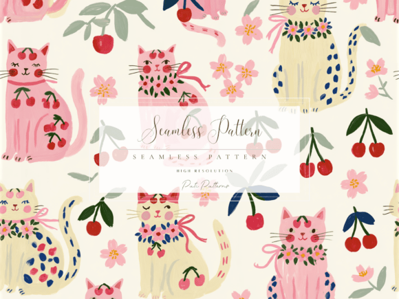 Cute Cherry Cat Seamless Pattern PNG for Kids
