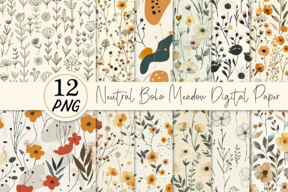 Neutral Boho Meadow Digital Paper for Creators